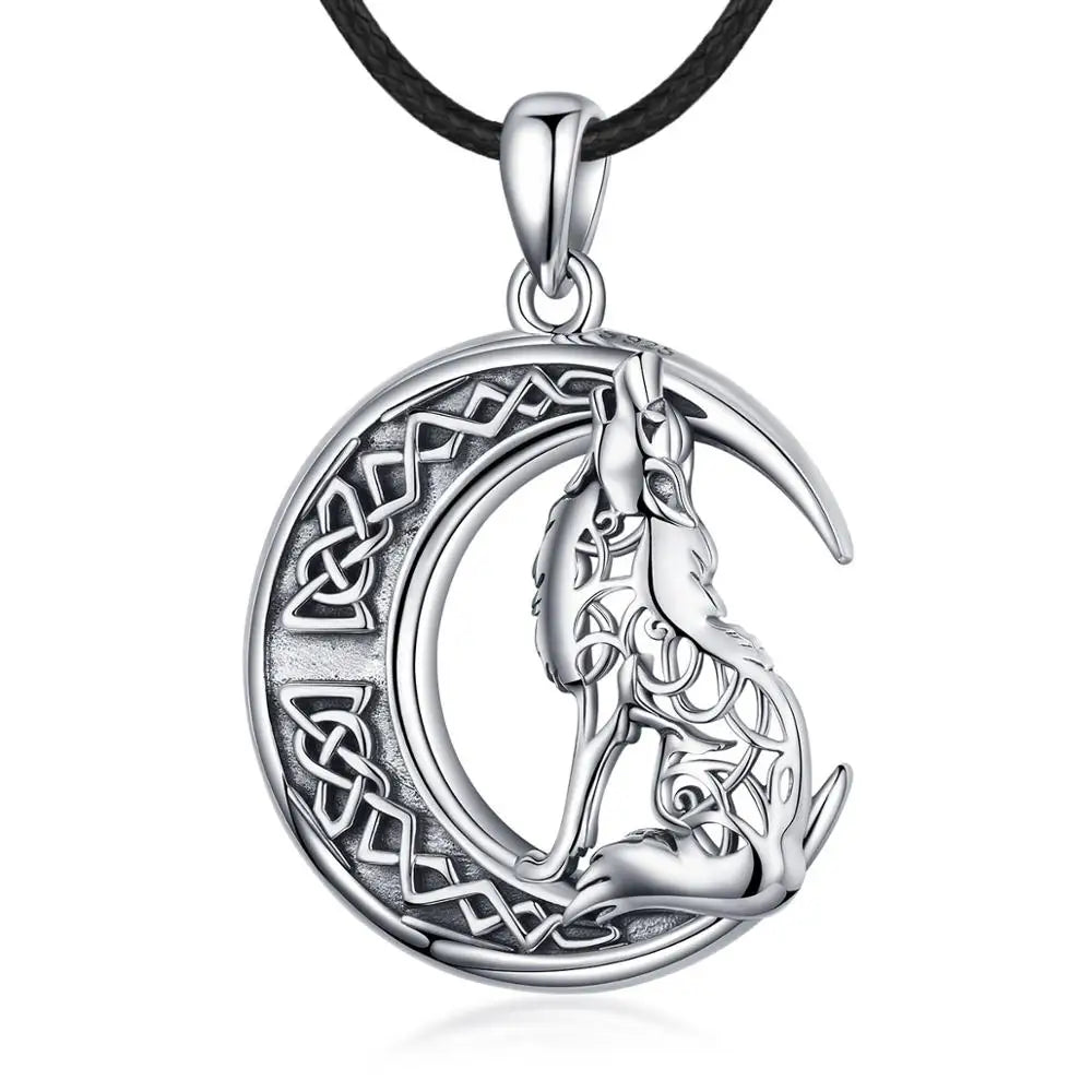 925 Sterling Silver Wolf on the Moon Necklace