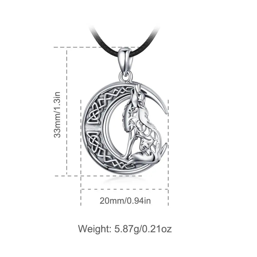 925 Sterling Silver Wolf on the Moon Necklace