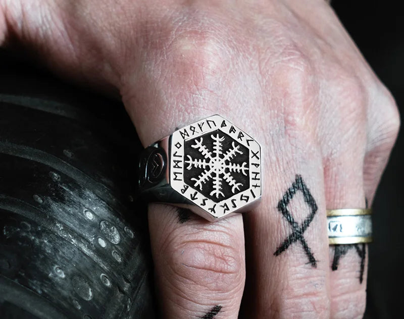 Nordic Hexagon Aegishjalmur Viking Ring