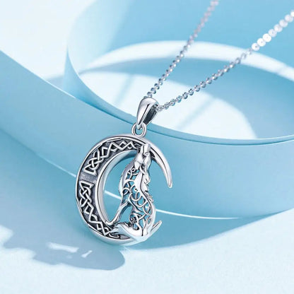 925 Sterling Silver Wolf on the Moon Necklace