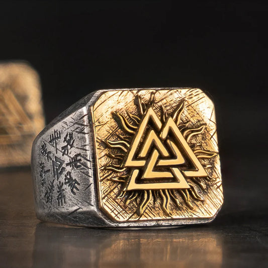 925 Silver & Gold Valknut & Vegvisir Ring