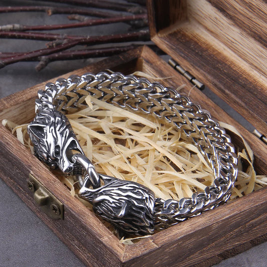 Viking Wolf Head Mesh Chain Bracelet