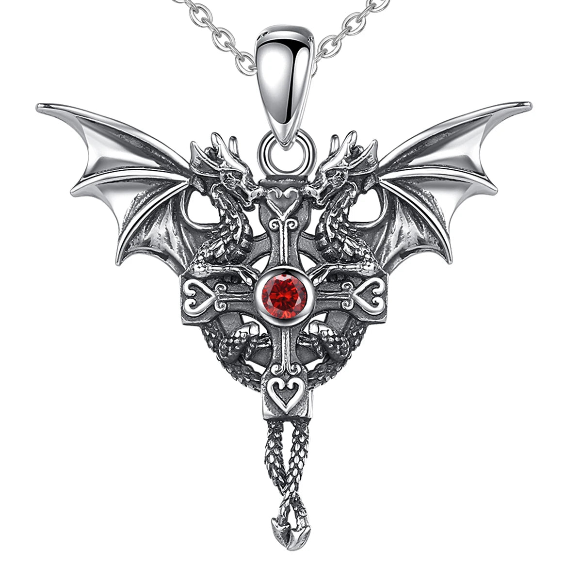 925 Sterling Silver Viking Dragon Cross Amulet Necklace