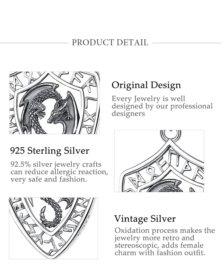 925 Sterling Silver Viking Dragon Shield Pendant Necklace