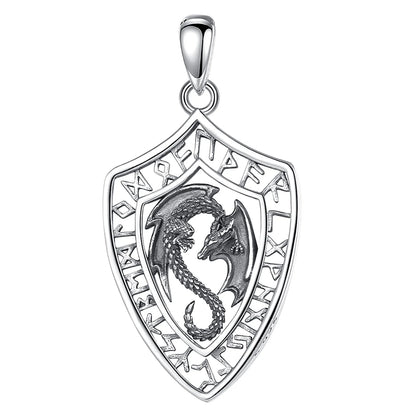 925 Sterling Silver Viking Dragon Shield Pendant Necklace