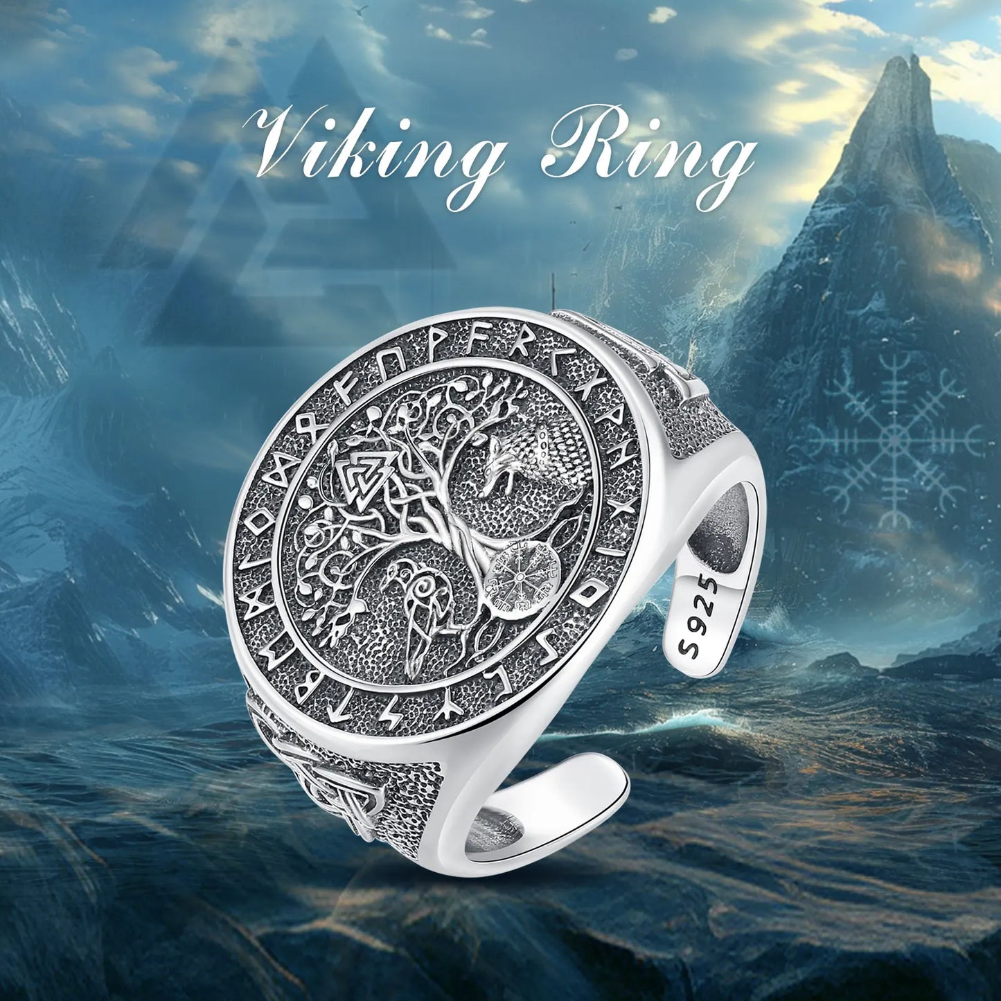 925 Sterling Silver Viking Raven Wolf Ring