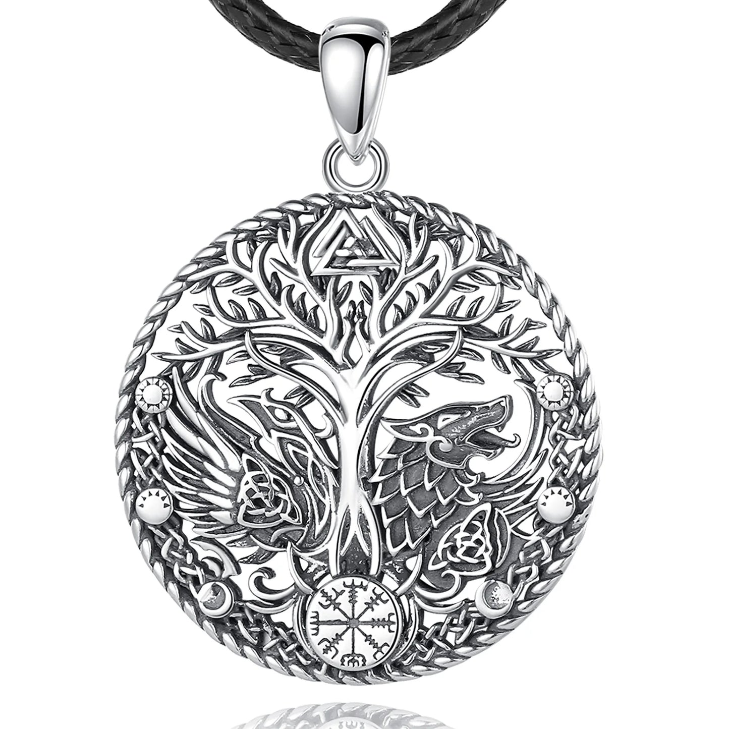 925 Sterling Silver Yggdrasil Raven Wolf Necklace