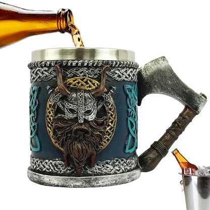 Viking Horned Warrior Beer Mug with Axe Handle