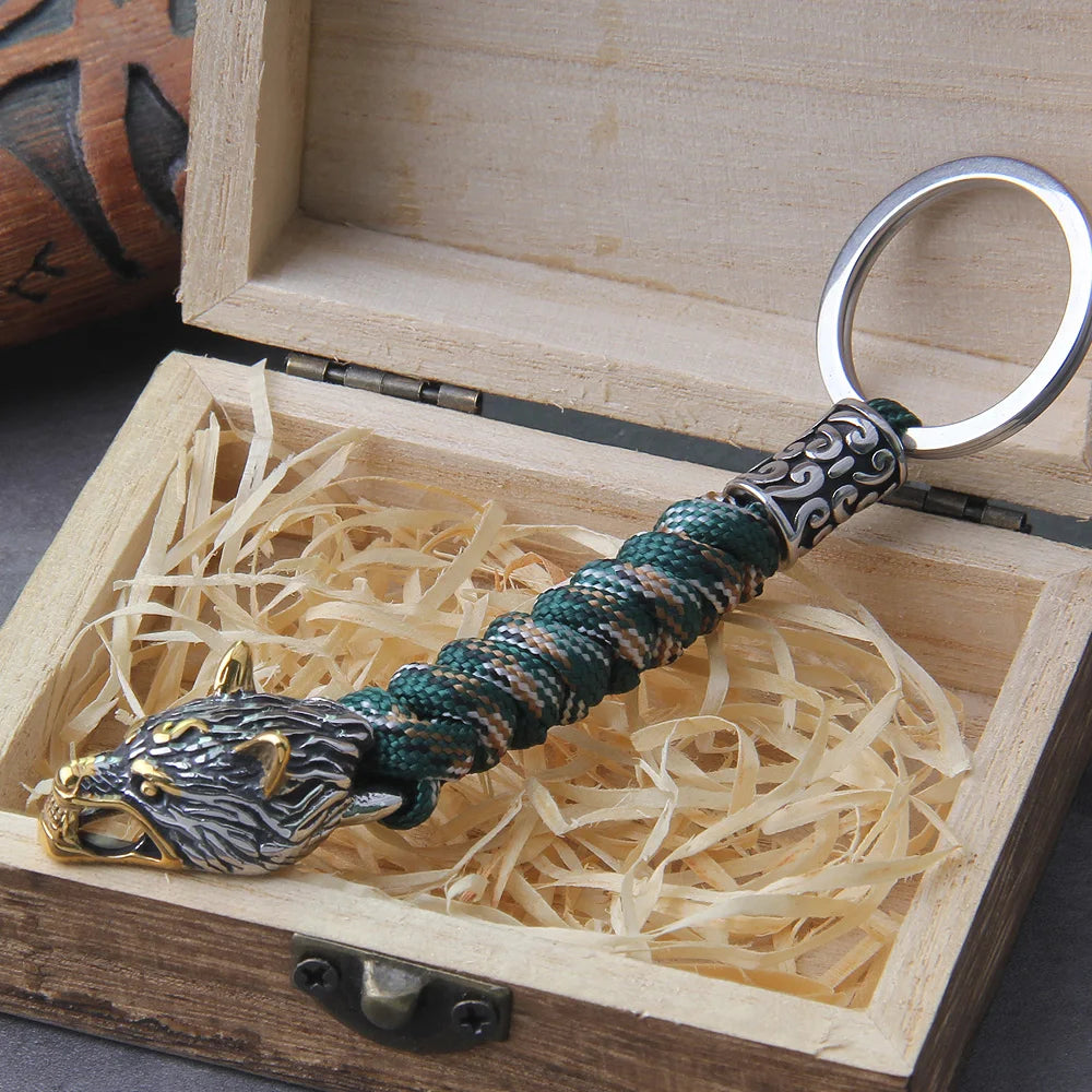 Viking Wolf Head Paracord Keychain