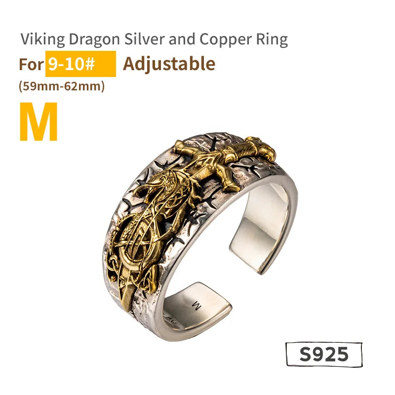 925 Sterling Silver Dragon Sword Open Ring