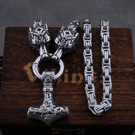 Thor's Hammer Necklace with Wolf Head Pendant