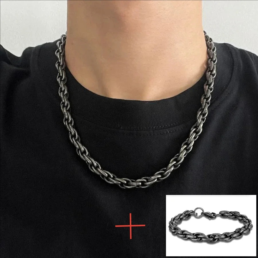 Vintage Oxidized Stainless Steel Cuban Link Chain Set