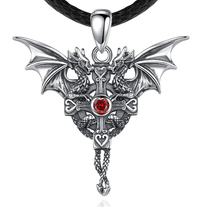 925 Sterling Silver Viking Dragon Cross Amulet Necklace