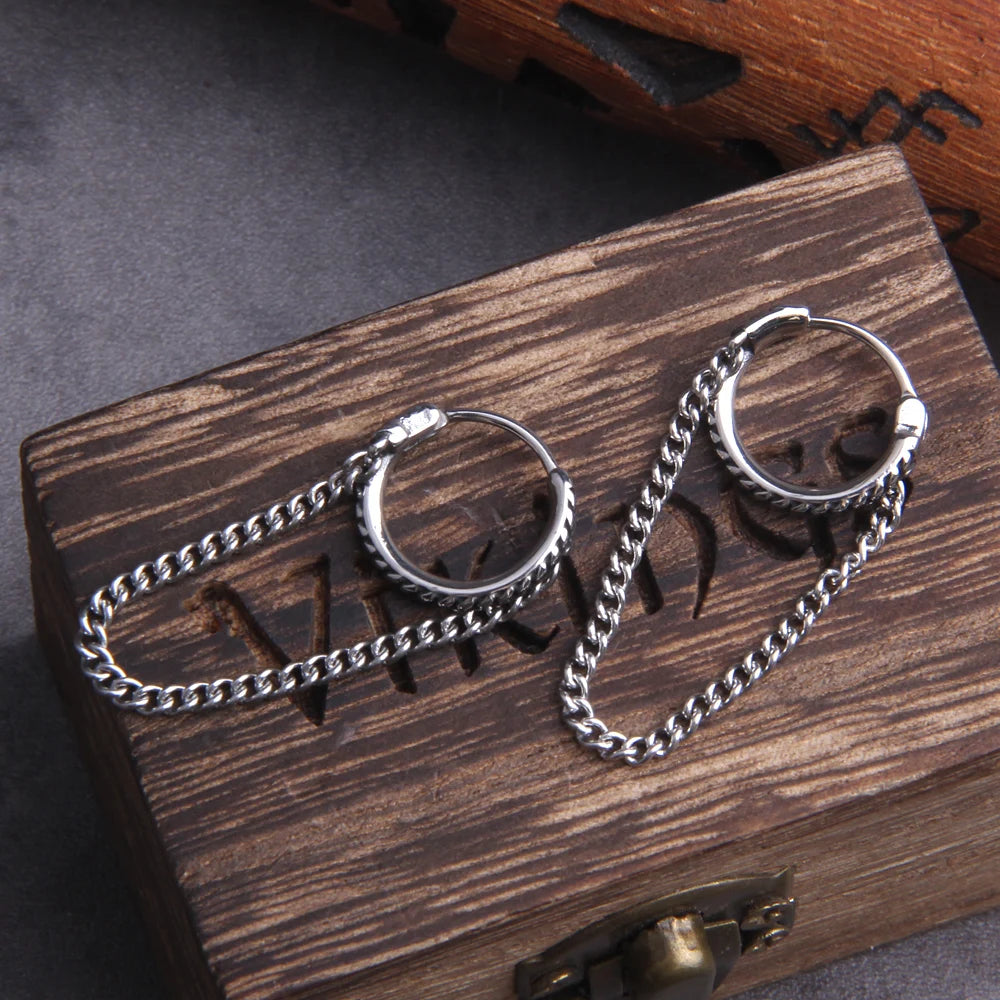 Viking Stainless Steel Chain Dangle Earrings