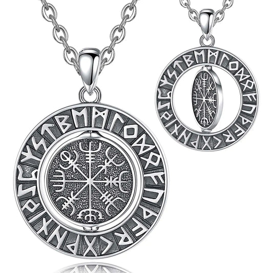 925 Sterling Silver Viking Runes Rotatable Pendant Necklace