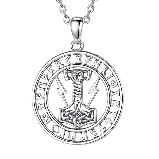 925 Sterling Silver Mjolnir Runes Amulet Necklace