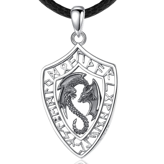 925 Sterling Silver Viking Dragon Shield Pendant Necklace