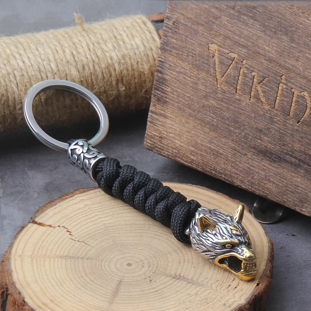 Viking Wolf Head Paracord Keychain