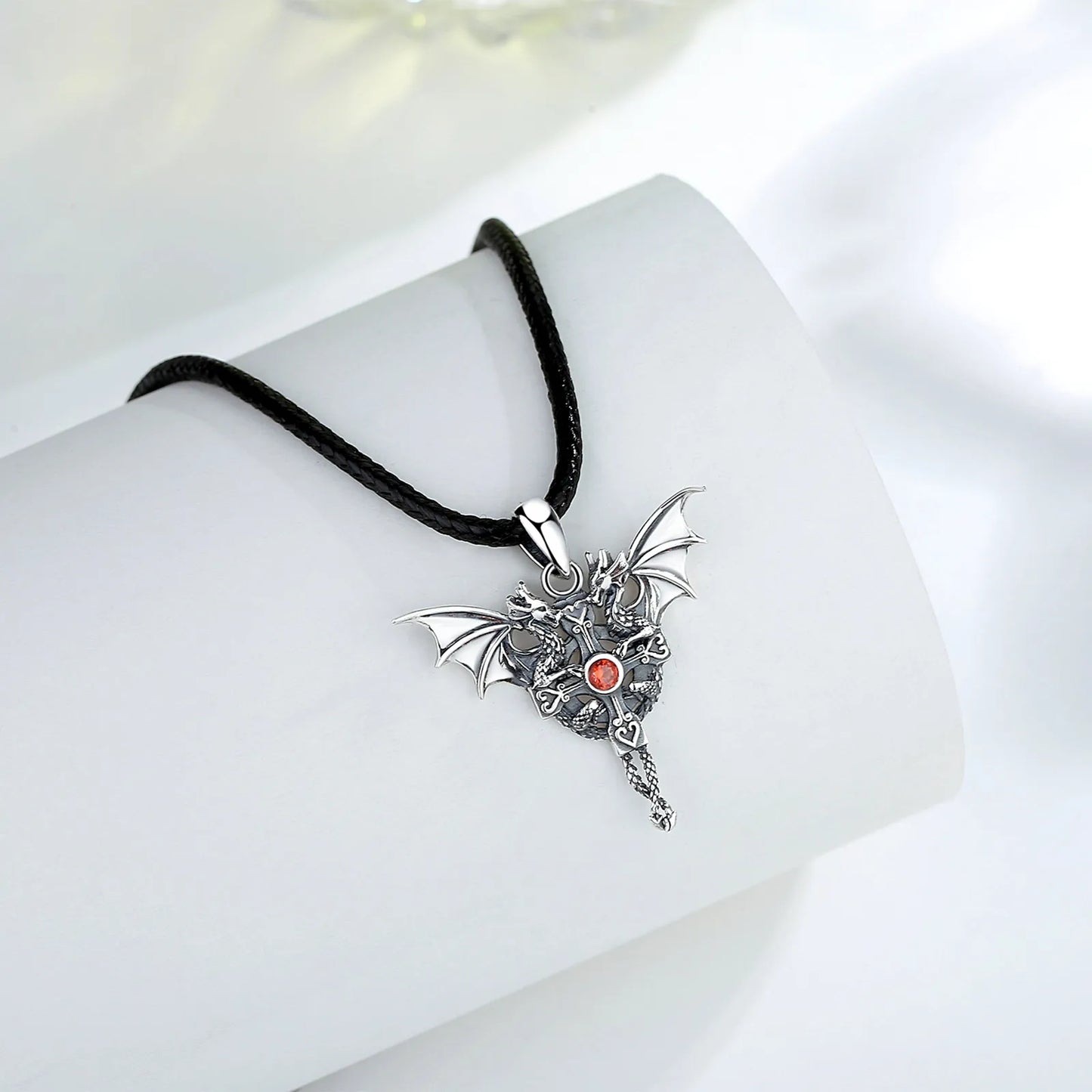 925 Sterling Silver Viking Dragon Cross Amulet Necklace