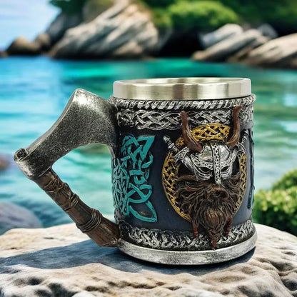 Viking Horned Warrior Beer Mug with Axe Handle