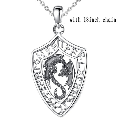 925 Sterling Silver Viking Dragon Shield Pendant Necklace