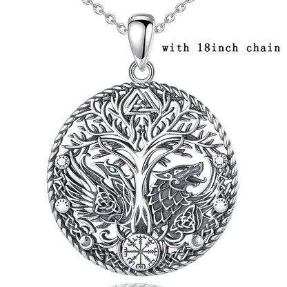 925 Sterling Silver Yggdrasil Raven Wolf Necklace