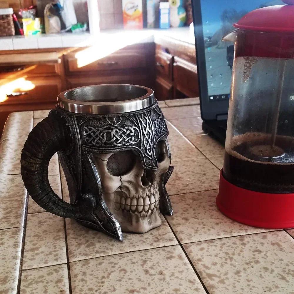 Viking Skull Mug with Horned Helmet - 13oz