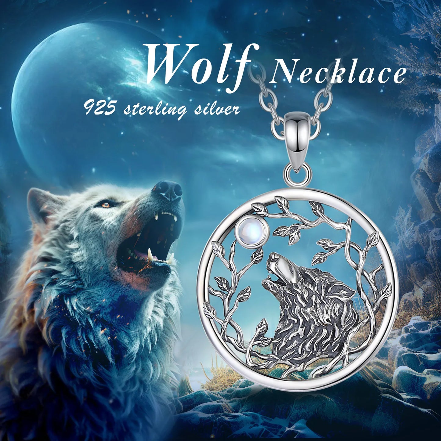 925 Sterling Silver Wolf Moonstone Necklace