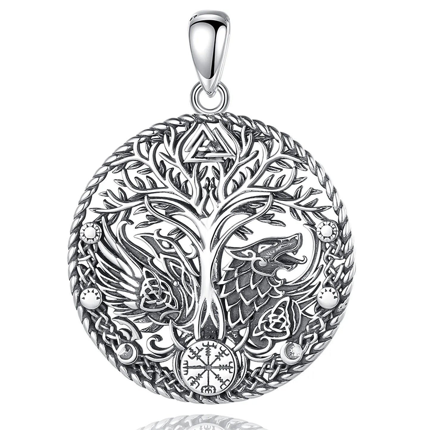 925 Sterling Silver Yggdrasil Raven Wolf Necklace