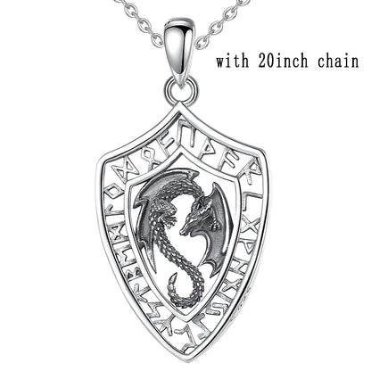 925 Sterling Silver Viking Dragon Shield Pendant Necklace