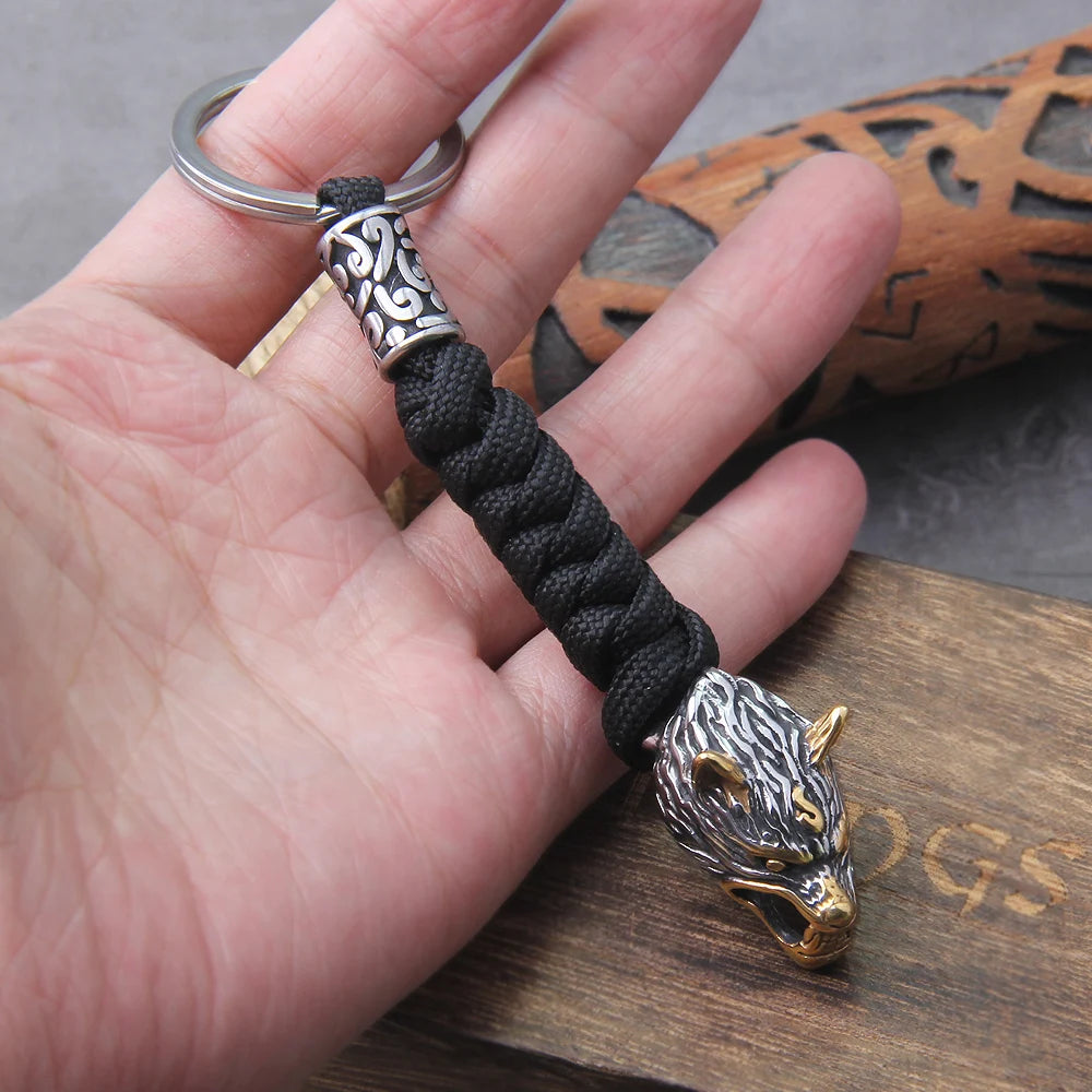 Viking Wolf Head Paracord Keychain