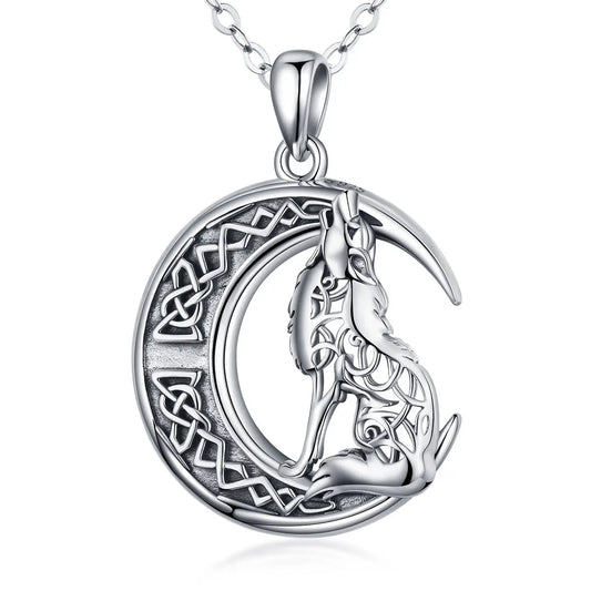 925 Sterling Silver Wolf on the Moon Necklace