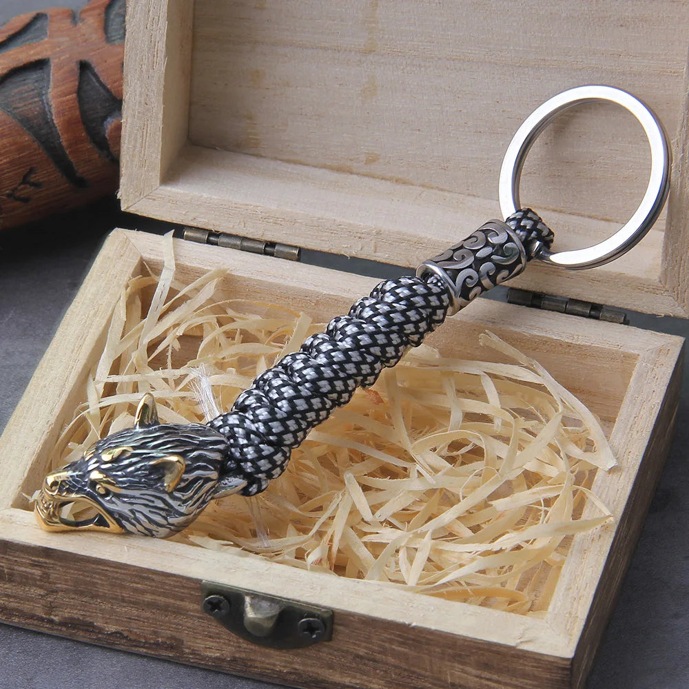 Viking Wolf Head Paracord Keychain